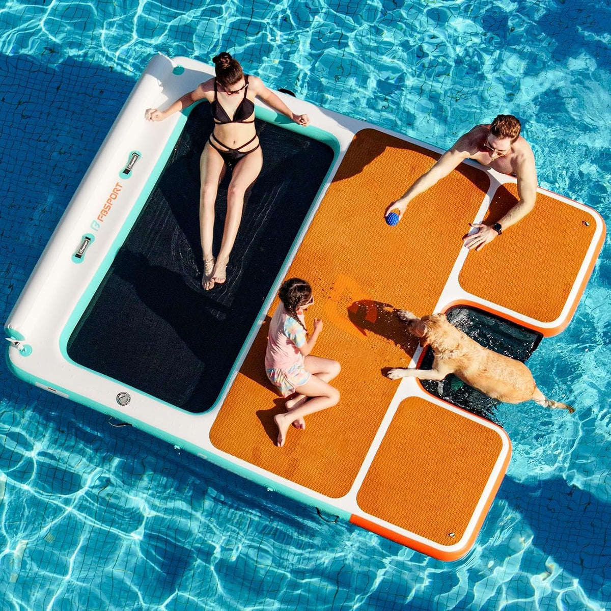 piscina, 15 cm, plata, FBSPORT, FBSPORT Muelle Flotante Hinchable con Rampa y Hamaca, Plataforma Flotante para Lago 2, 4 m/3 m Adultos
