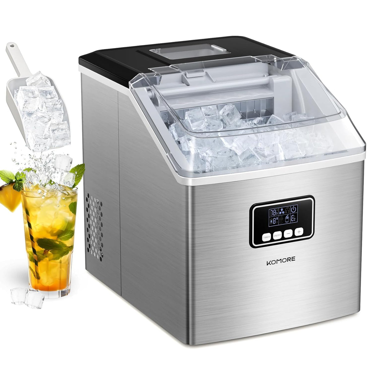 Máquinas para hacer hielo, 28,7 × 37,5 × 34,3 cm, 24 unidades, 20 kg, con iluminación LED, acero inoxidable, KOMORE