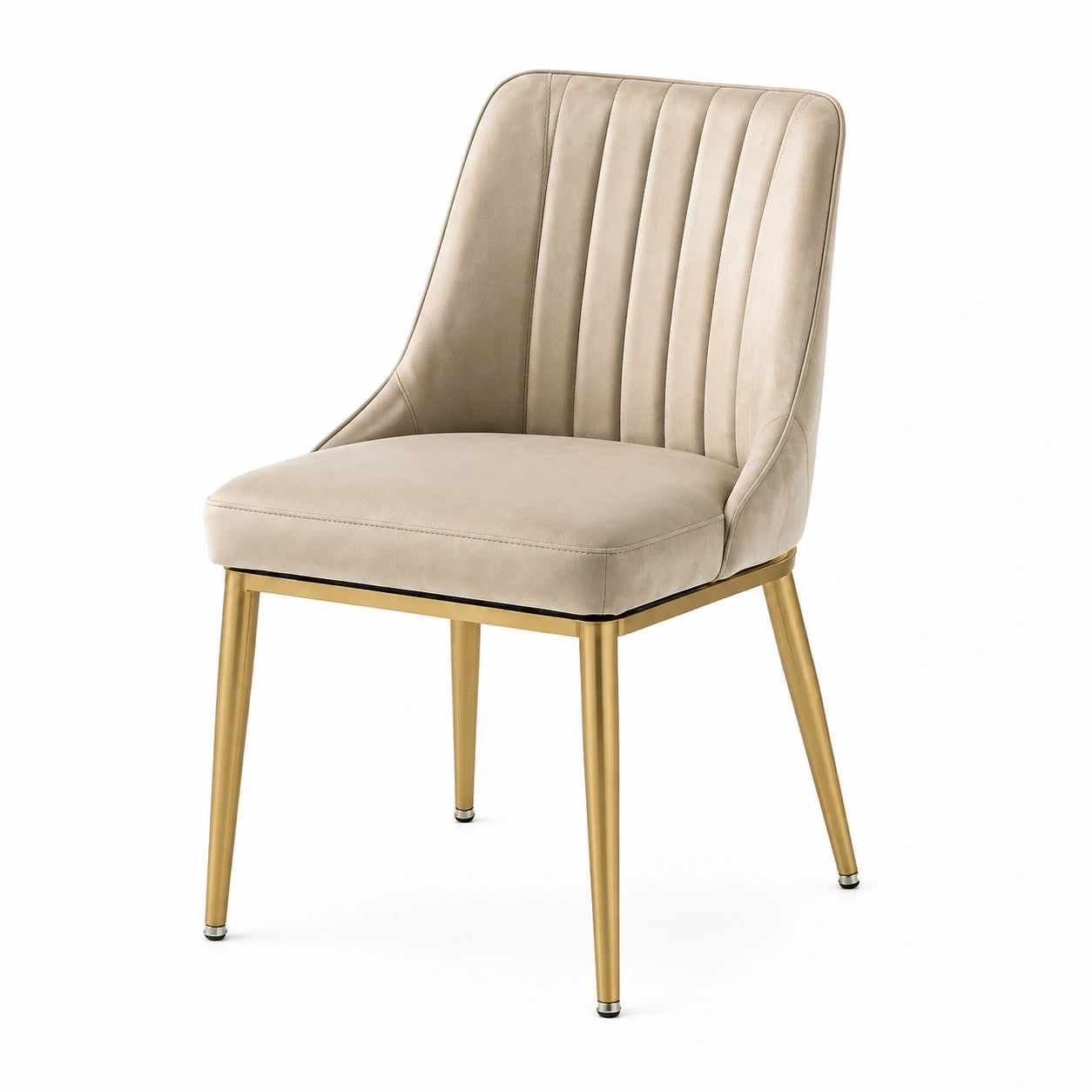 Silla de comedor tapizada en terciopelo beige con patas doradas de metal
