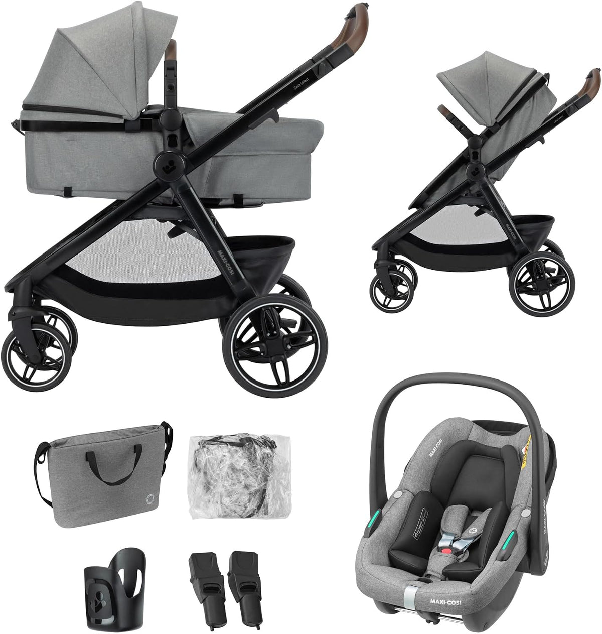 Sistemas de viaje, 22 kg, gris, Maxi-Cosi, Cochecito de Bebé 3 en 1 con Silla de Coche, 0-4 Años (0-22 kg), Plegado con una mano