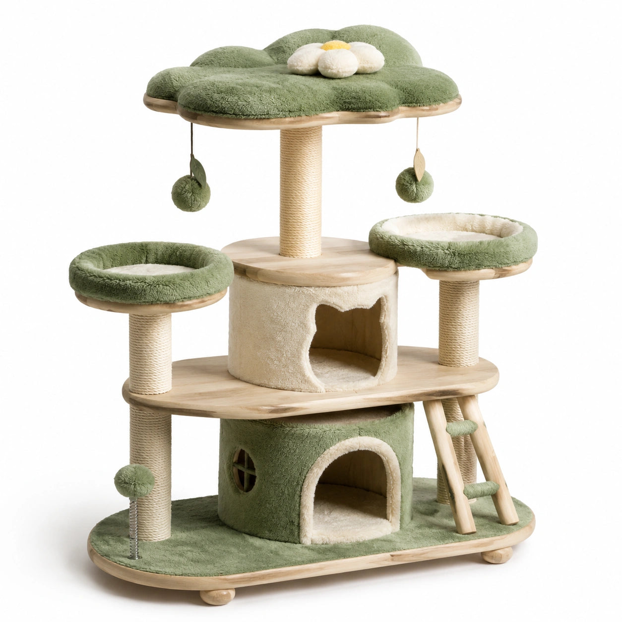 Árbol para Gatos de Madera y Felpa Verde con Juguetes