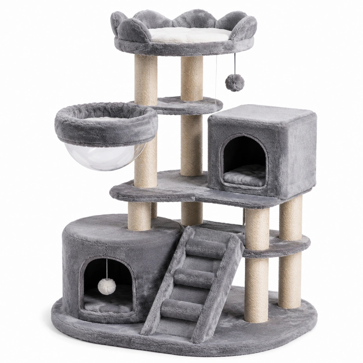 Árbol para gatos de MDF con felpa gris y plataformas múltiples