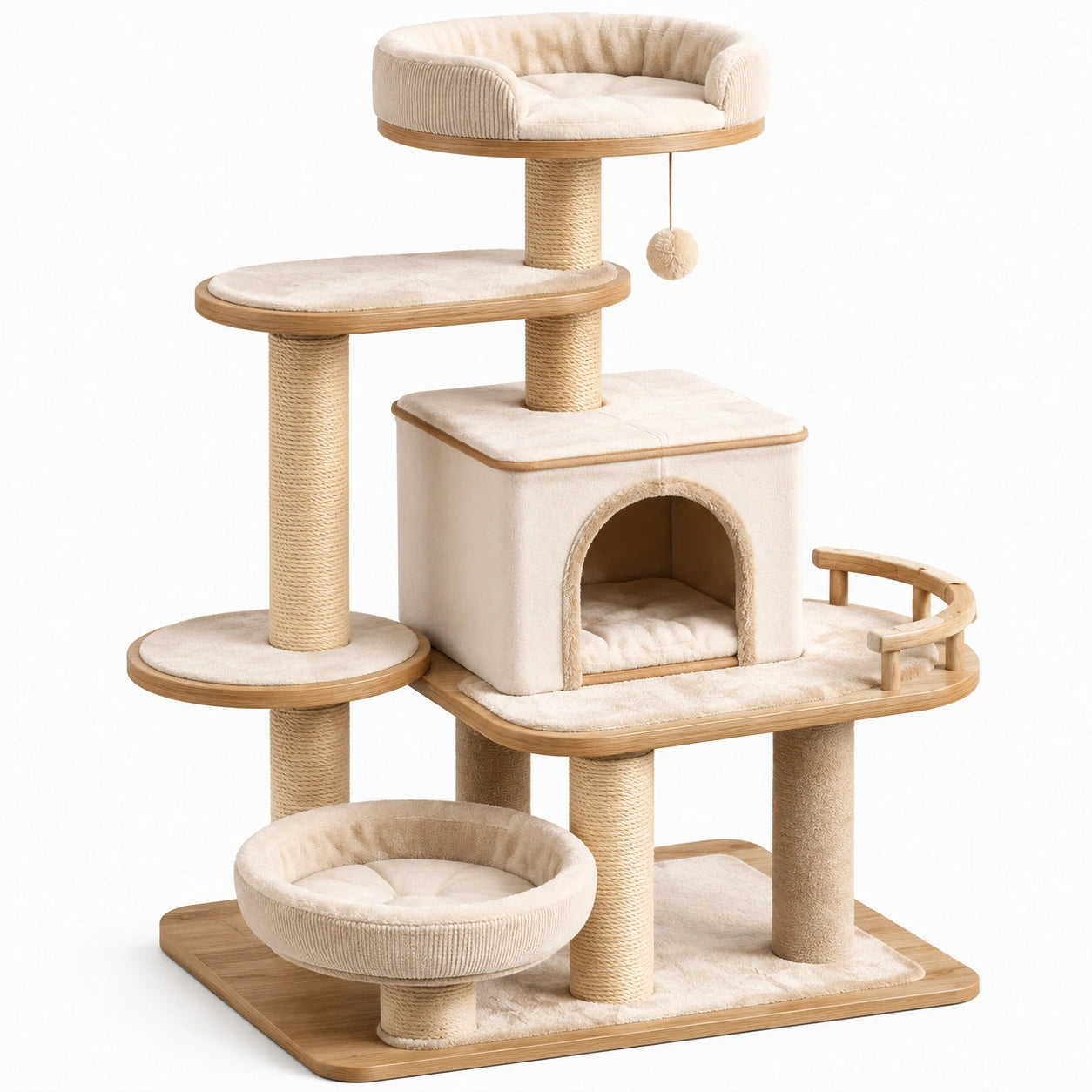 Árbol para Gatos de Madera y Tela Beige con Plataformas y Casita
