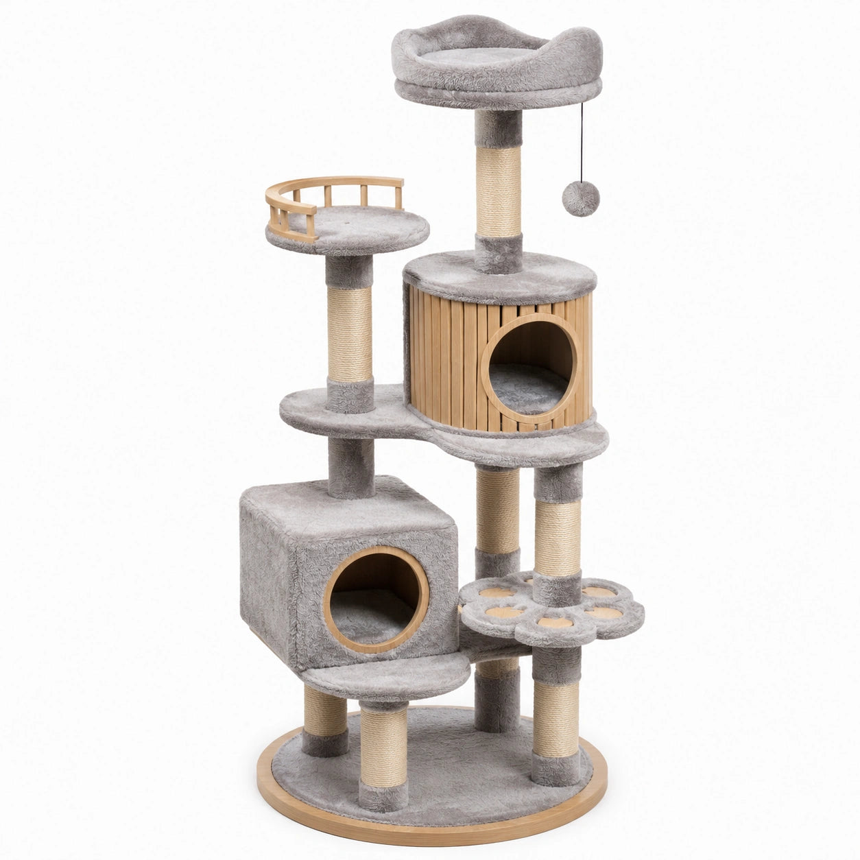 Árbol para gatos gris con plataformas de felpa y columnas de sisal