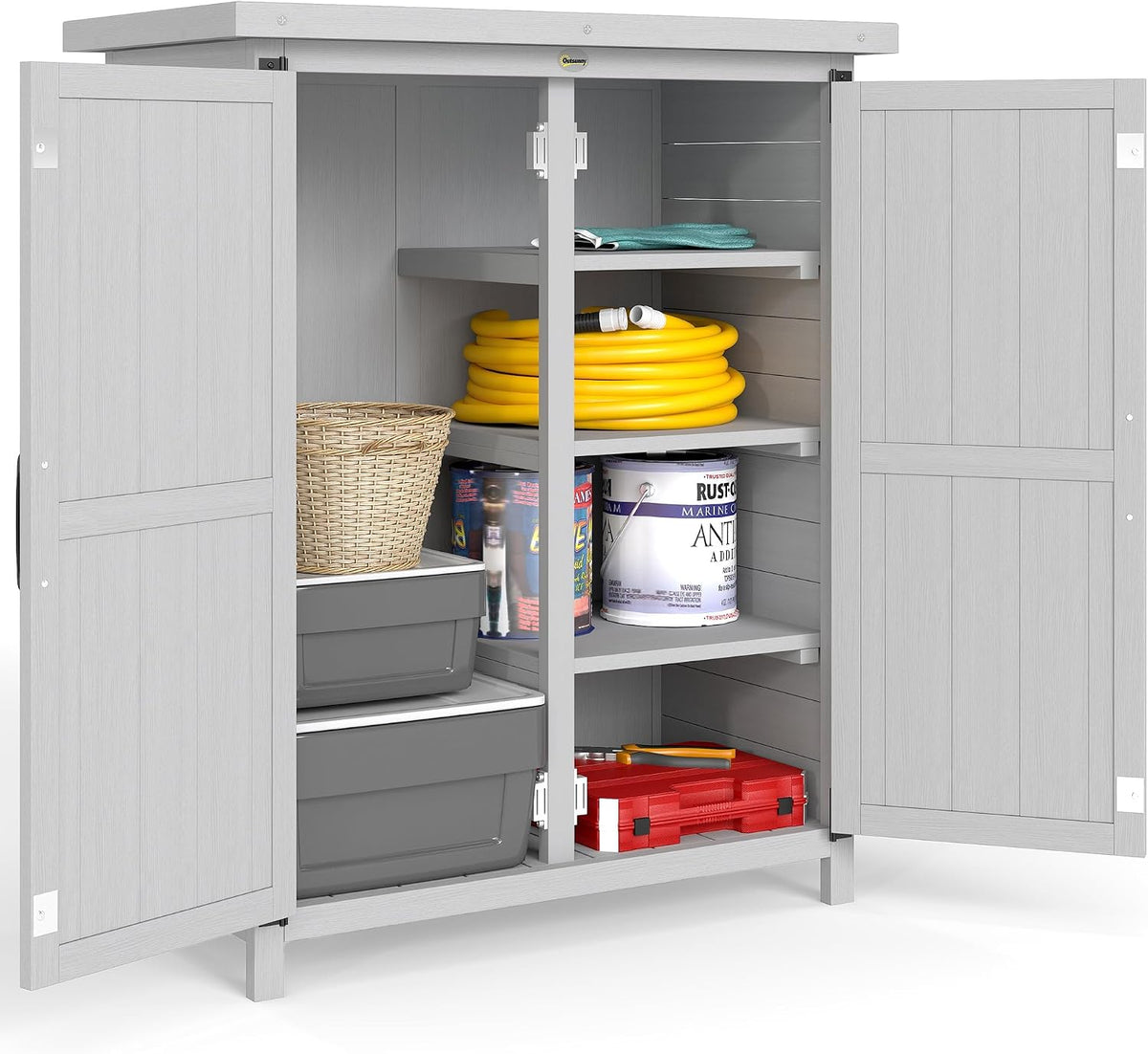 Outsunny Cobertizos de almacenamiento, 75 × 40 × 90 cm, con estantes, madera, gris, para el jardín