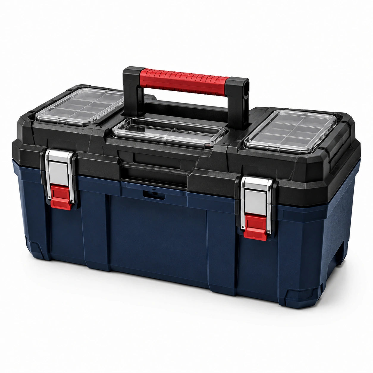 Caja de herramientas de polipropileno con bandejas organizadoras y cierres metálicos, azul/negro