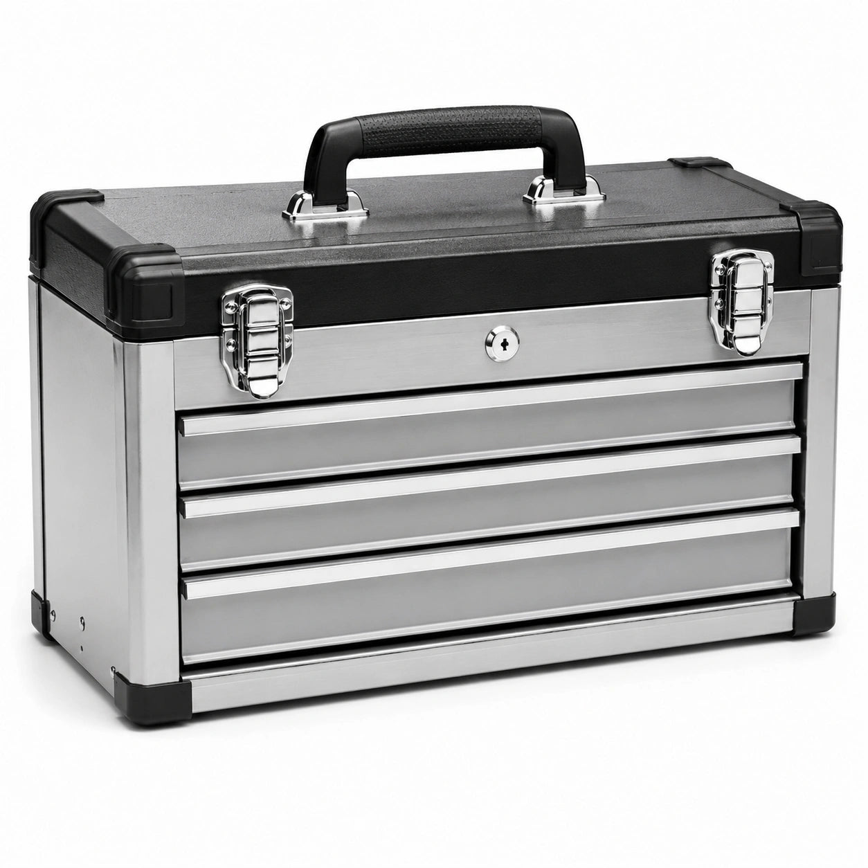 Caja de herramientas de acero inoxidable con 3 cajones color plata y negro
