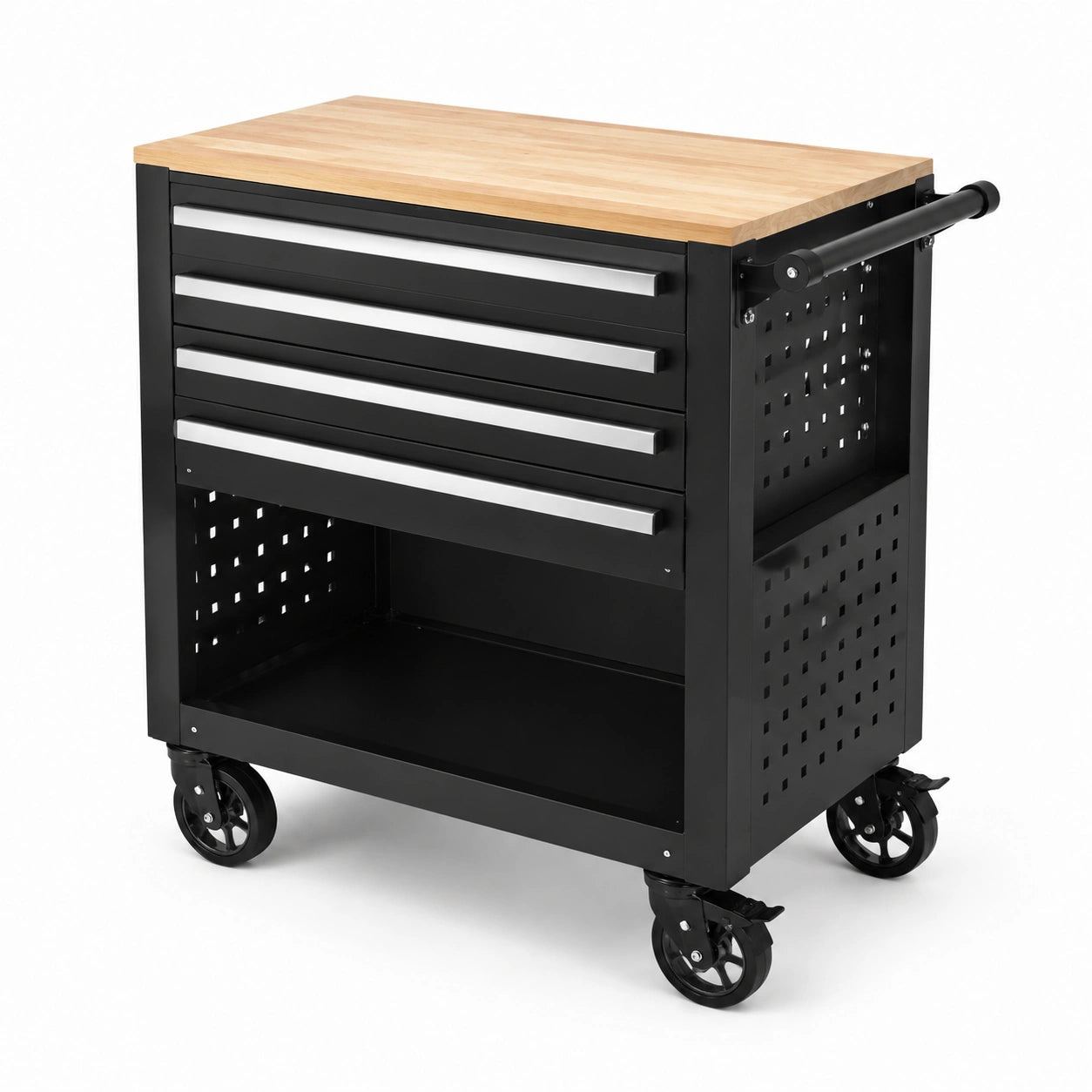 Carro de herramientas de metal con superficie de madera
