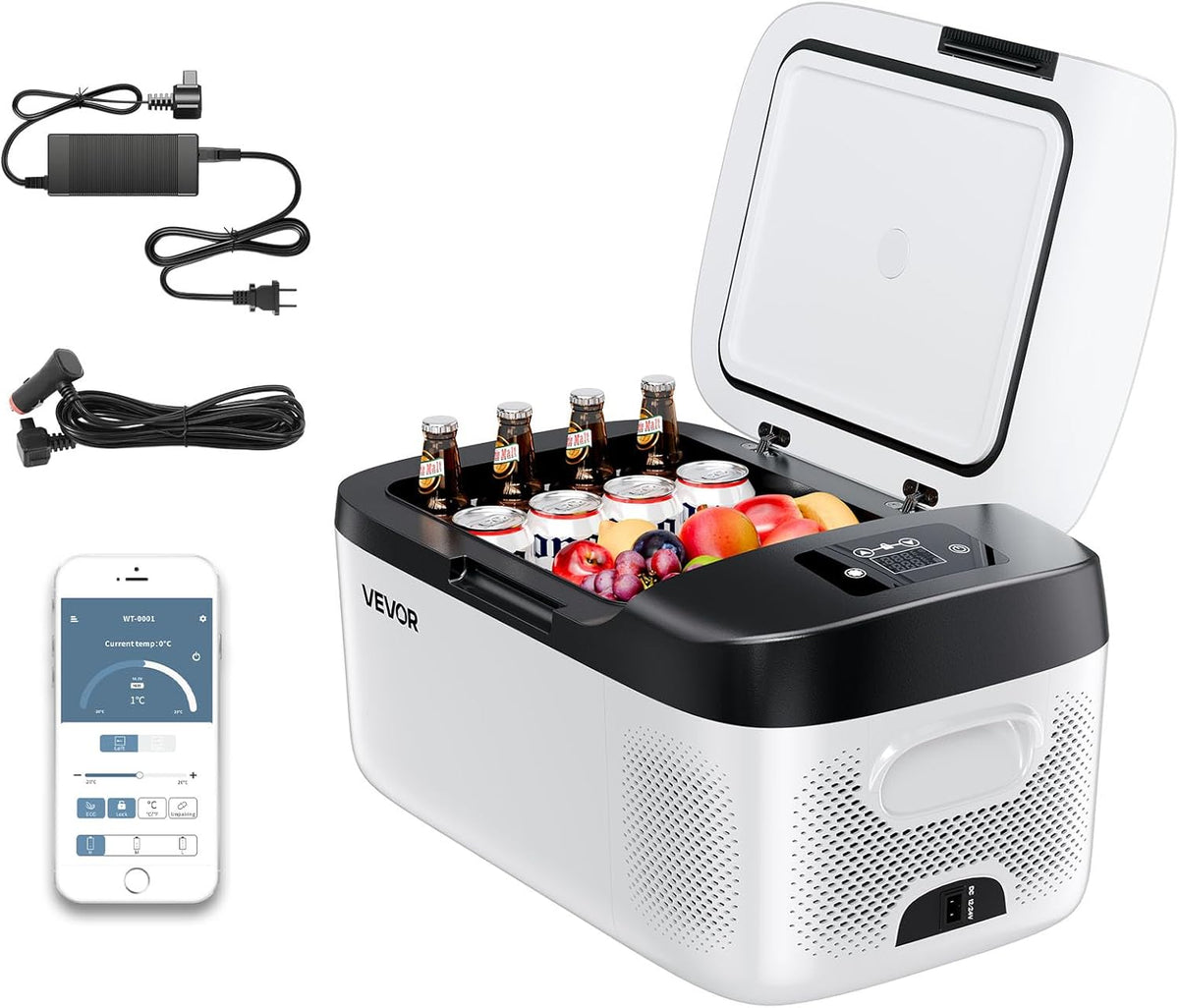 nevera portátil, 24 V, 240 V, 20 °C, VEVOR, Control de Temperatura de -20 °C a 20 °C, con Aplicación, Congelador de 15 L para Autocaravanas