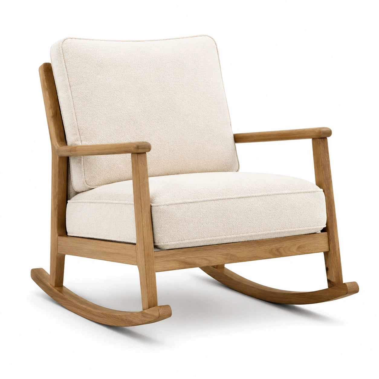 Silla mecedora de madera de roble con cojines de tela de algodón beige