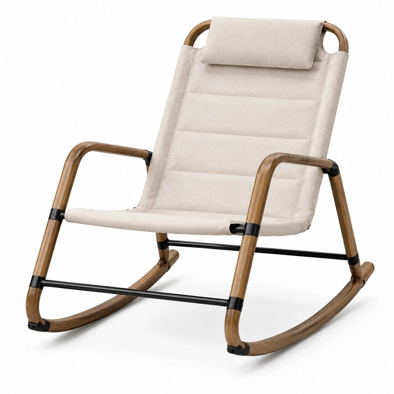 Silla mecedora de tela beige con estructura de madera y metal