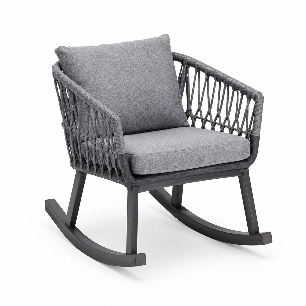 Mecedora gris con estructura de aluminio y cuerda tejida