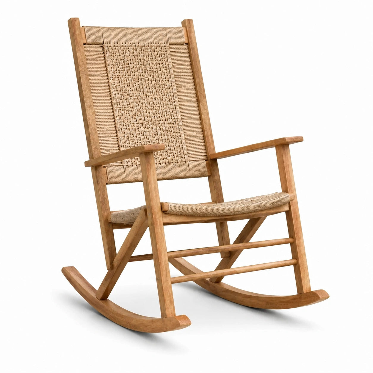 Silla mecedora de madera con asiento de cuerda tejida
