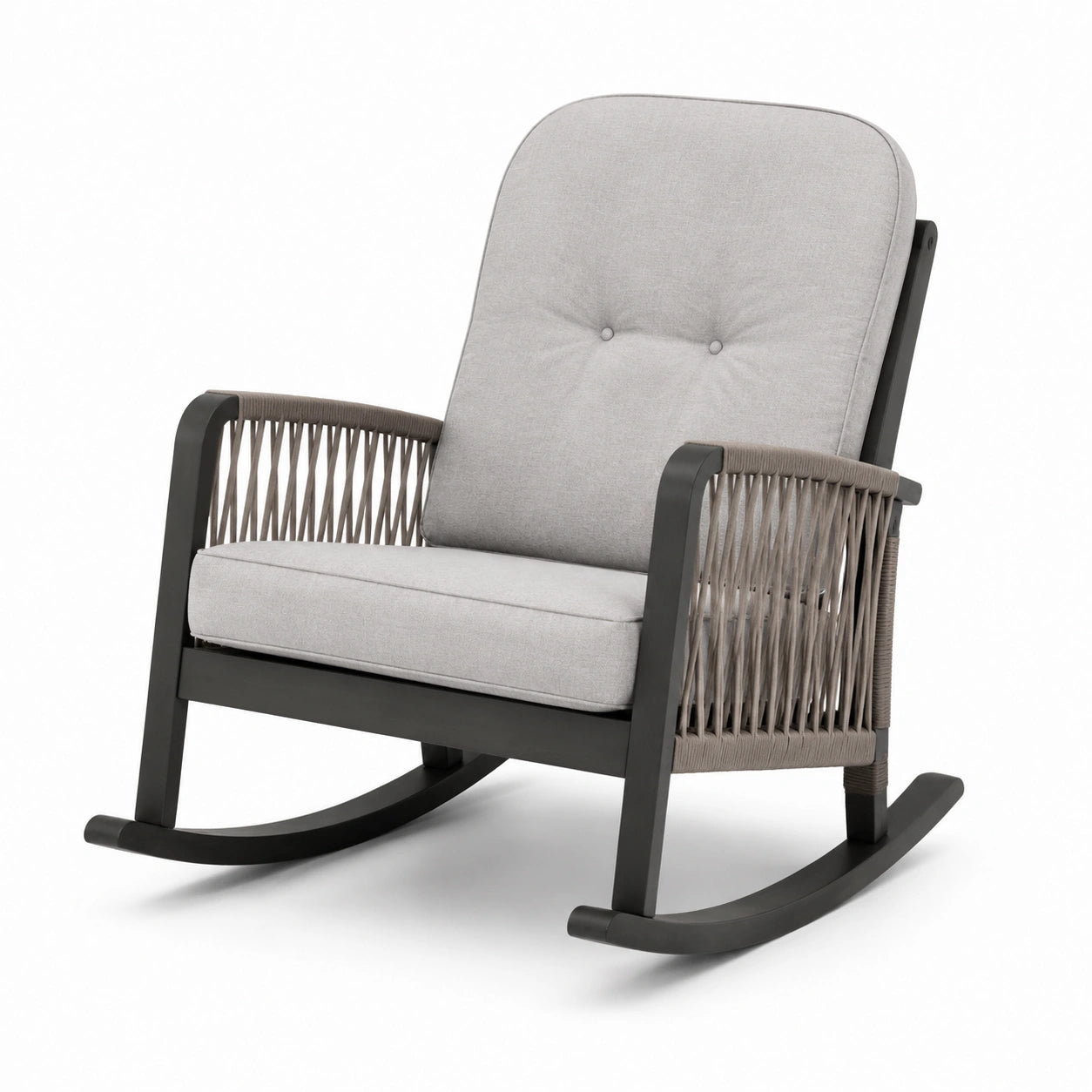 Silla mecedora de aluminio con cuerda gris y cojín