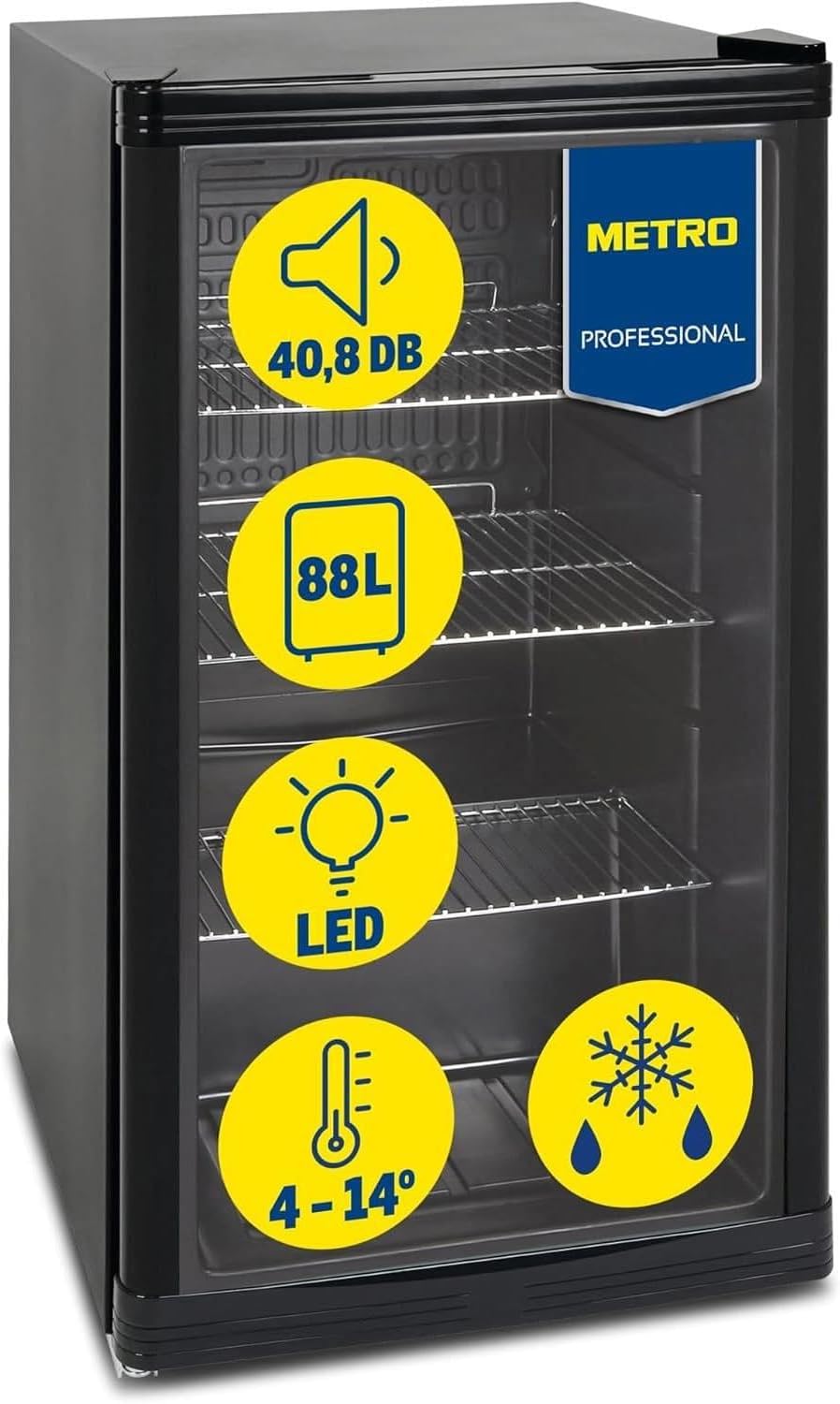 frigorífico, 88 L, regulable, con estantes, vidrio, negro, METRO Professional, nevera pequeña con puerta de cristal, 1.052 kWh/24h