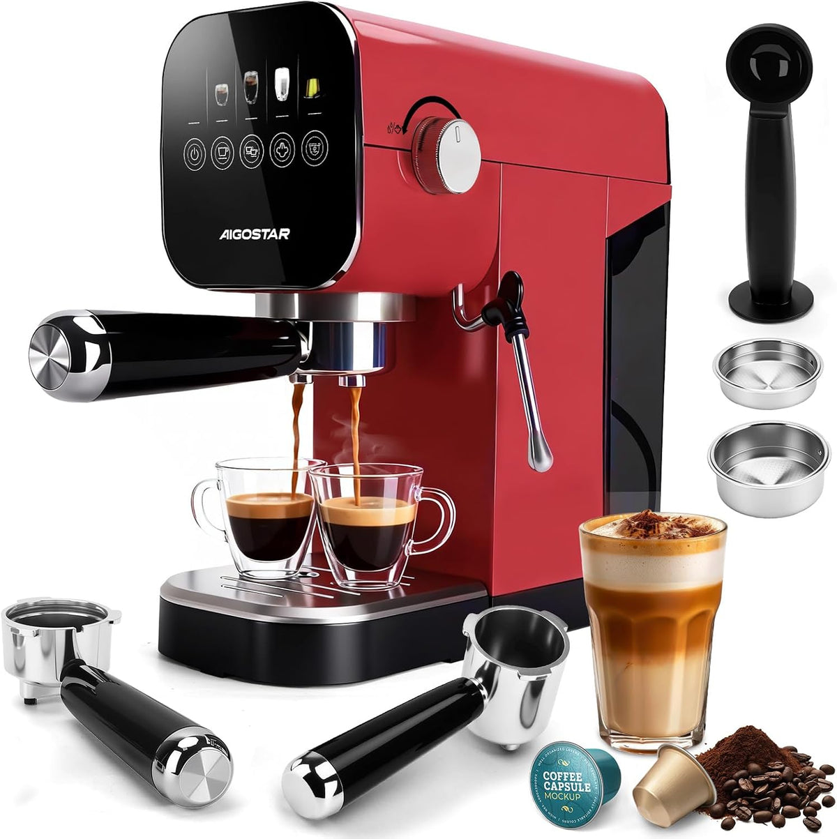 cafetera, rojo, Aigostar, Espresso 20 Bares para Cápsulas y Café Molido Inox,
