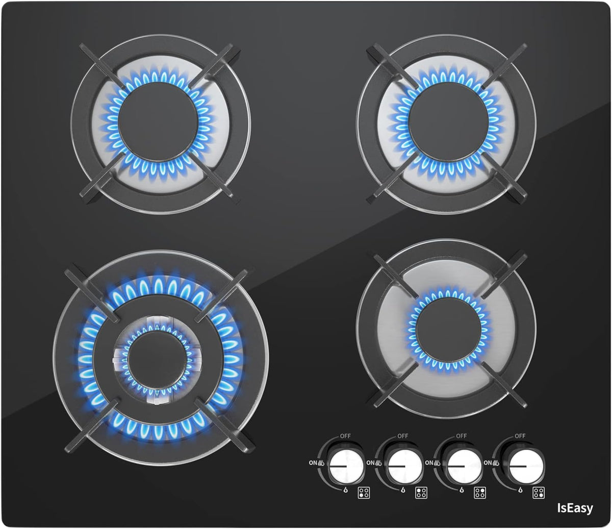 placa de inducción, 60 cm, vidrio, para la cocina, IsEasy, Placa de gas con 4 fuegos, Gas Natural/Propano (4 Quemadores
