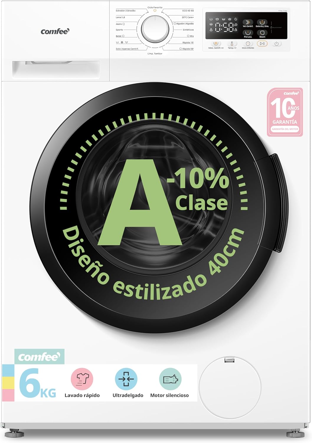 lavadora A-10, 40cm, 6kg, Comfee, Ultradelgado 40cm, Clase A-10%, 1200RPM, CFP01EW60W