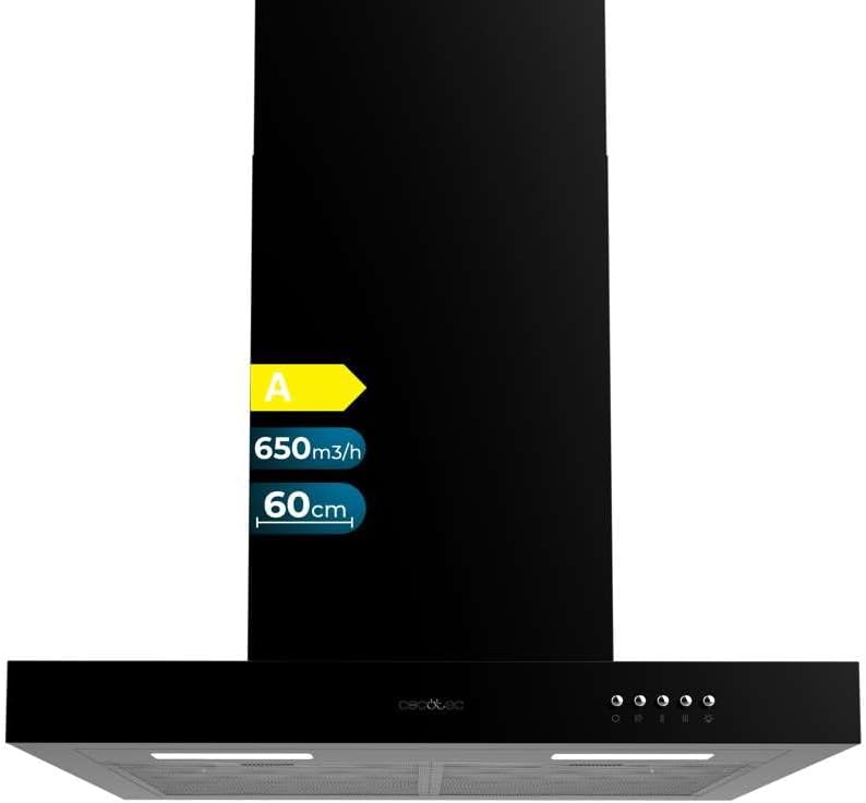 Campanas de pared, 60 cm, 165W, negro, Cecotec, Succión 650m3/h, 3 Niveles de Potencia