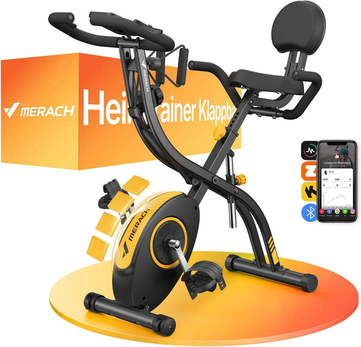 Bicicletas estáticas y de spinning, plegable, MERACH, MERACH Bicicleta Estática 4 en 1 con App Entrenamiento, Resistencia Magnética de 16 Niveles