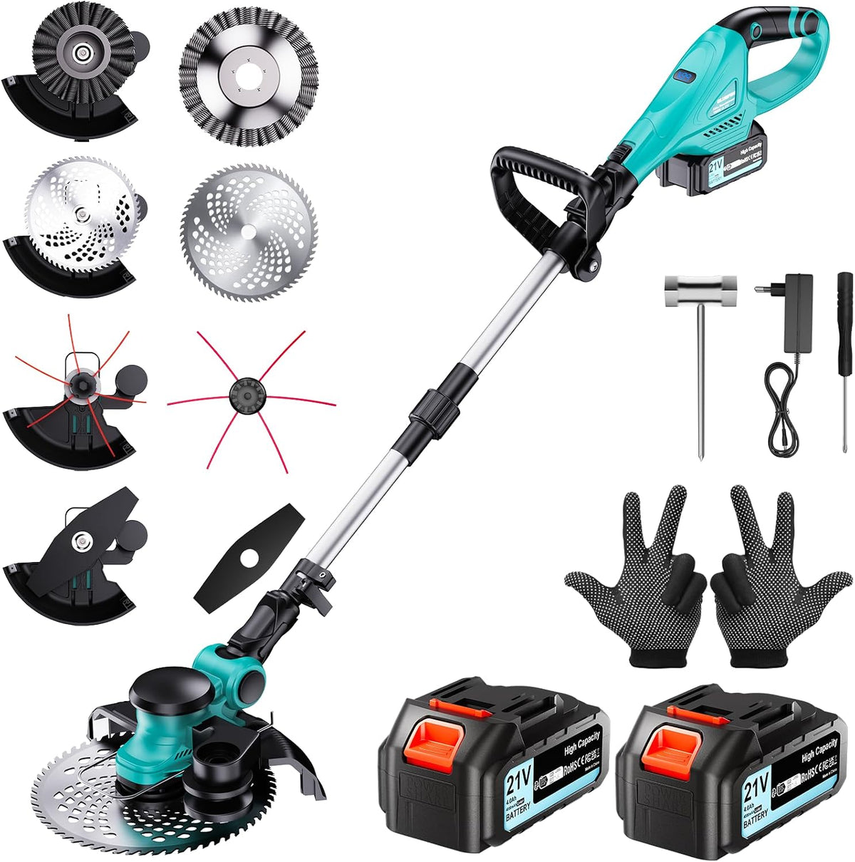 Recortadoras de cable, 23 cm, 21V, 4000mAh, inalámbrico, para el jardín, ENRIPRT, 21V desbrozadora electrica 4 en 1 con 2 Baterías 4000mAh