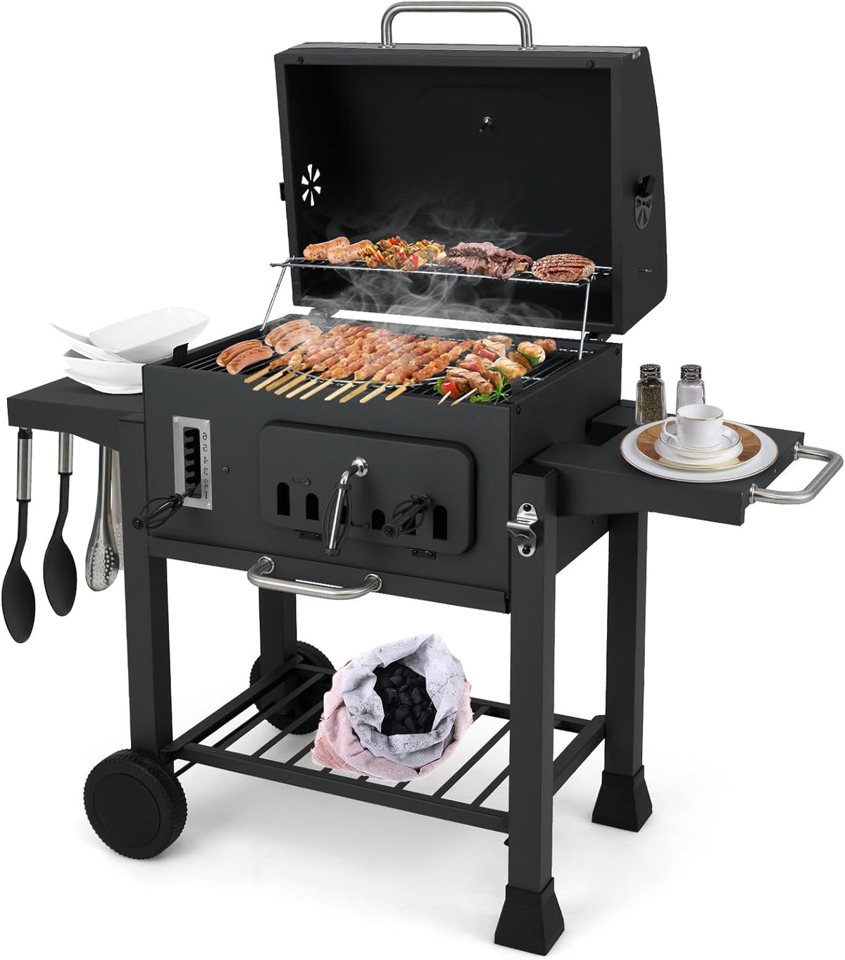 mesa, 54 × 24 cm, plegable, KOMFOTTEU, KOMFOTTEU Barbacoa de Carbón con 2 Mesas Plegables