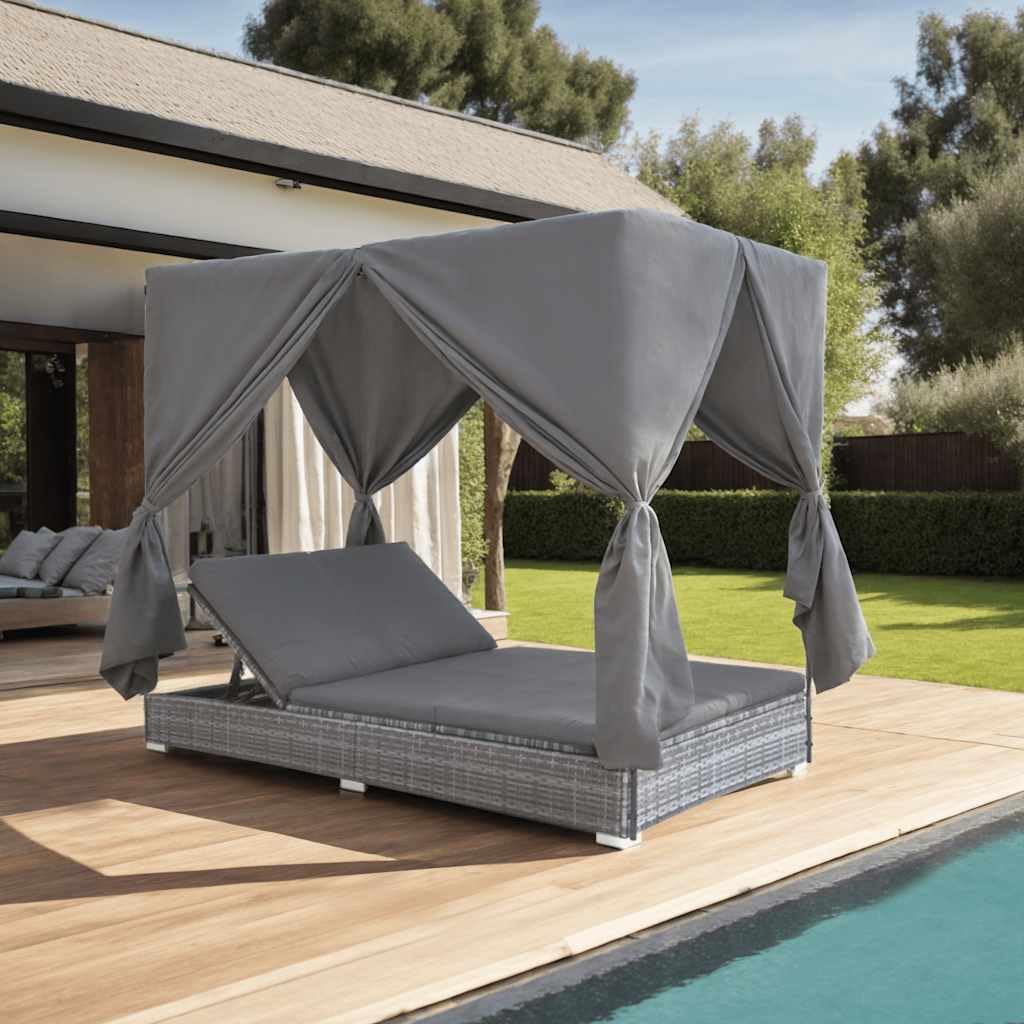 cama, 197 × 140 × 180 cm, 37.42kg, gris, para el jardín, Lumanois, Tumbona Cama con Cortinas de ratán sintético Gris