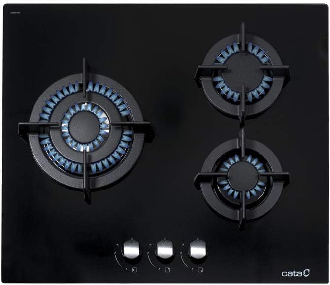 placa de inducción, 59 cm, vidrio, negro, Cata, Cata Placa Cristal Gas CCI 6021 BK, 3 Quemadores, Ancho de 59 cm
