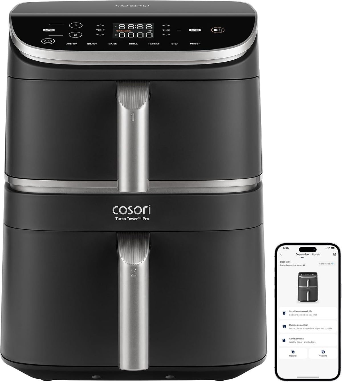 freidora de aire, 10,8L, doble cesta, control inteligente, Cosori, 8L Turbo Tower Pro Smart