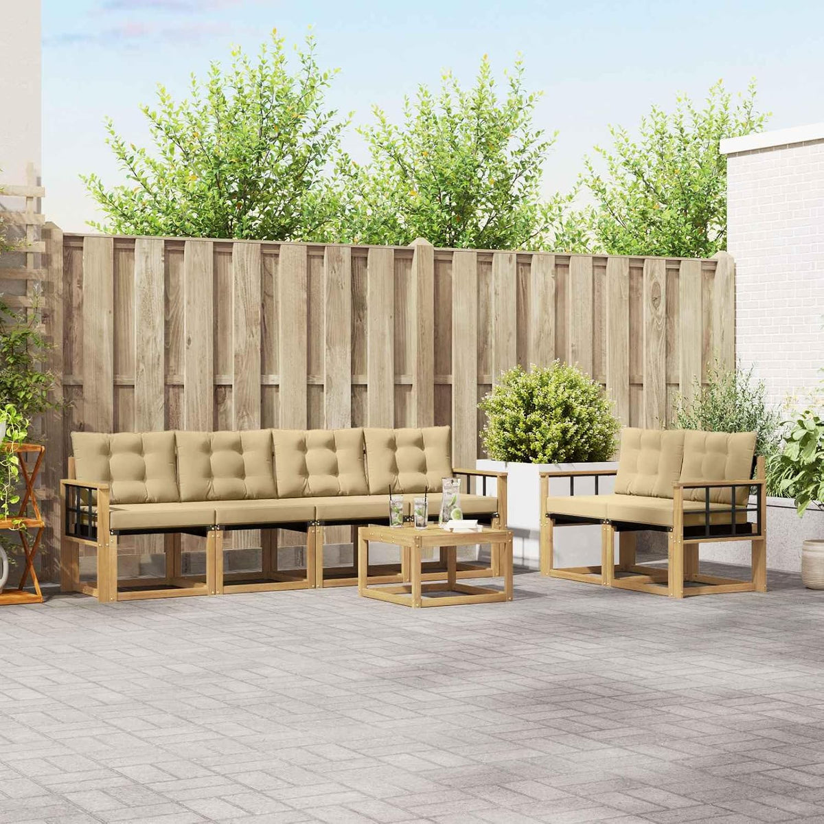 sofá, 59 × 59 × 37 cm, 7 unidades, madera maciza, beige, para el jardín, para la terraza, zylophax
