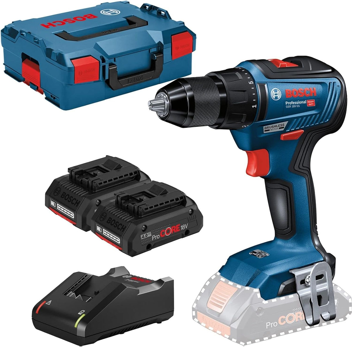 Bosch Atornilladores, 18V, inalámbrico, 1800 rpm, incl. 2 baterías ProCORE18V 4.0Ah, cargador rápido GAL 18V-40, bandeja para L-BOXX