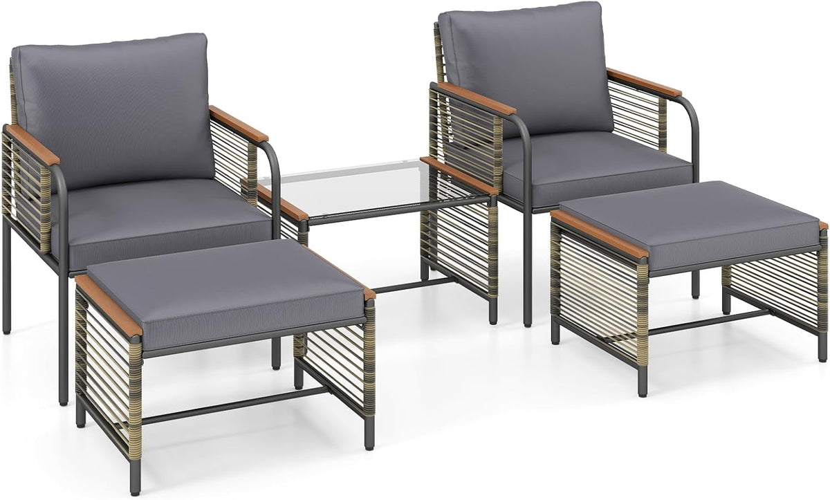 mesa de jardín, 5 unidades, gris, para el jardín, para la terraza, GIANTEX, GIANTEX Juego de Muebles de Ratán Exterior 5 Piezas, 2 Sillones