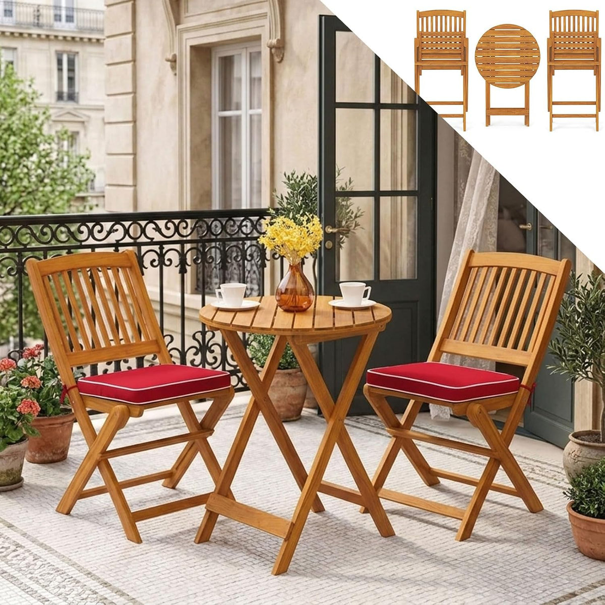 silla, 3 unidades, plegable, madera, rojo, para el jardín, para la terraza, GOPLUS, 1 Mesa Redonda y 2 Sillas Plegables con Cojines