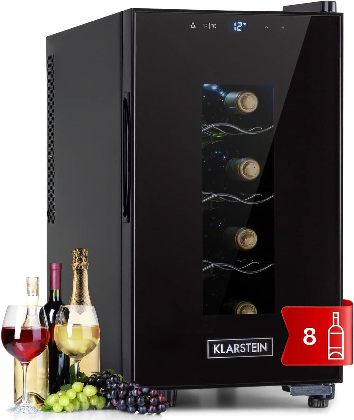KLARSTEIN Enfriadores de botellas, 22°C, vidrio, 8 Botellas, Vinoteca Pequeña Interior y Exterior con Puerta de Cristal, 4-22°C