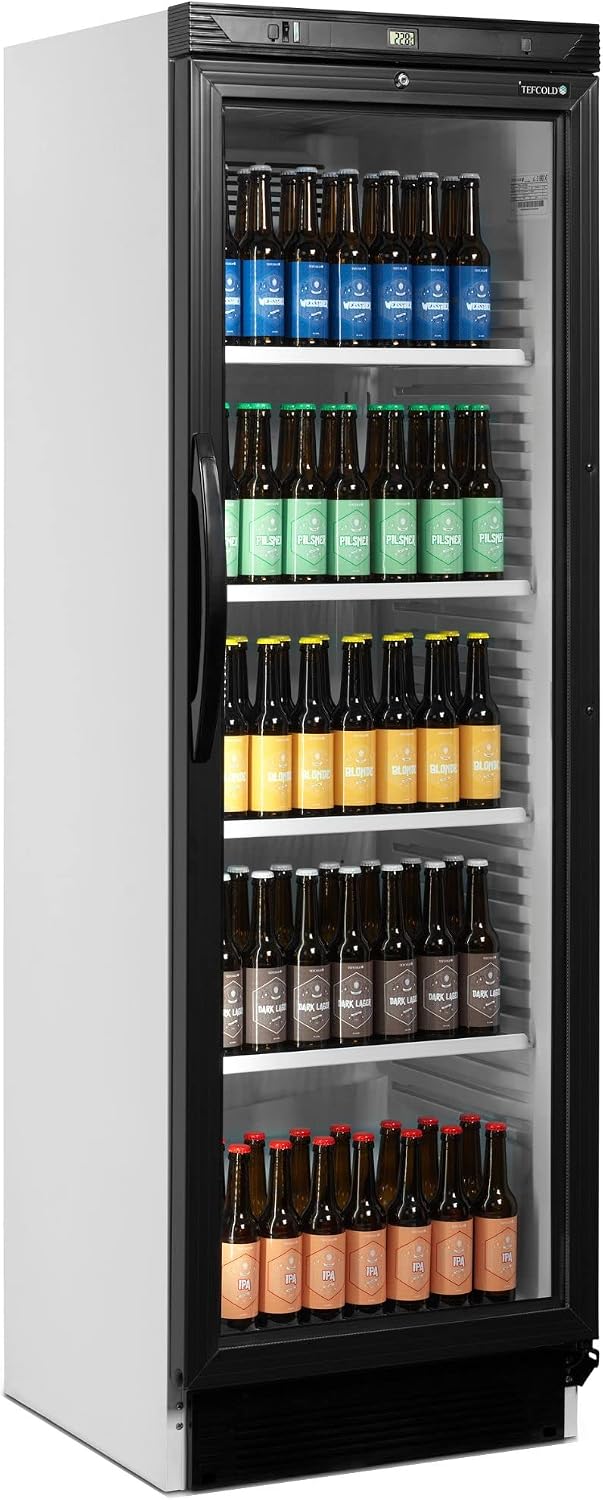 frigorífico CEV425, 470 × 440 × 1555 mm, 372 L, 10 °C, con iluminación LED, vidrio, Tefcold, Volumen Bruto 372 L, Rango de Temperatura 2 a 10 °C