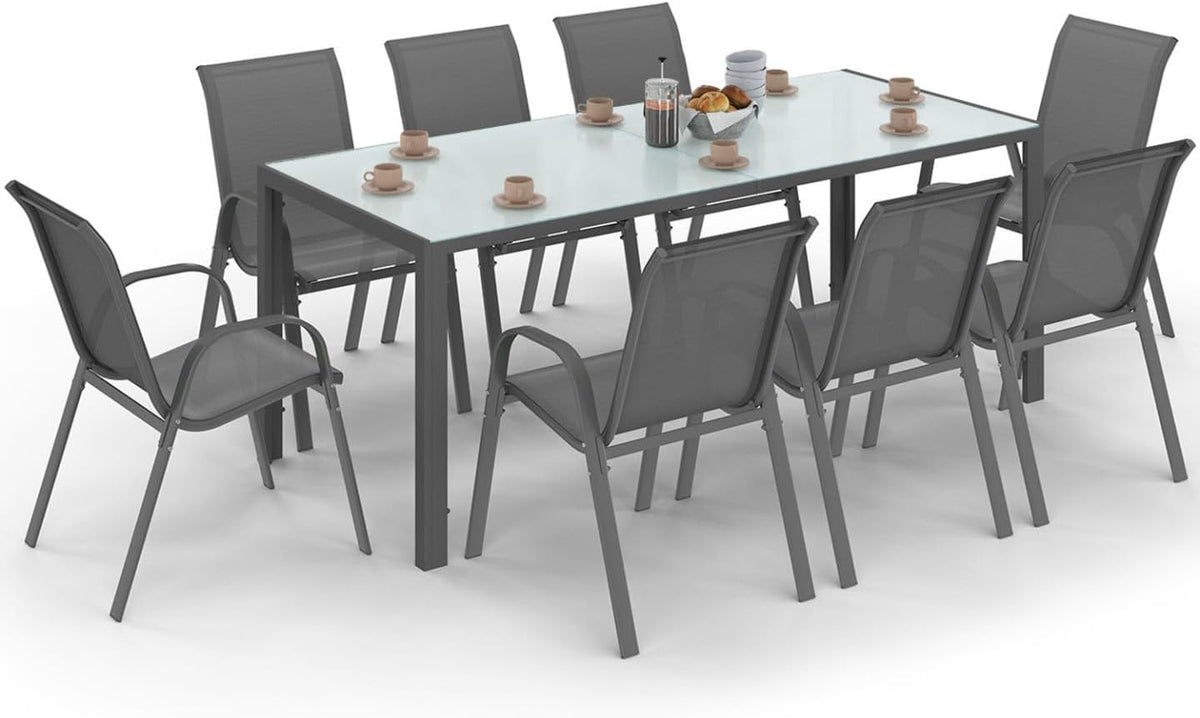 silla, 190 cm, gris, para el jardín, IDMarket, mesa de 190 cm y 8 sillas apilables