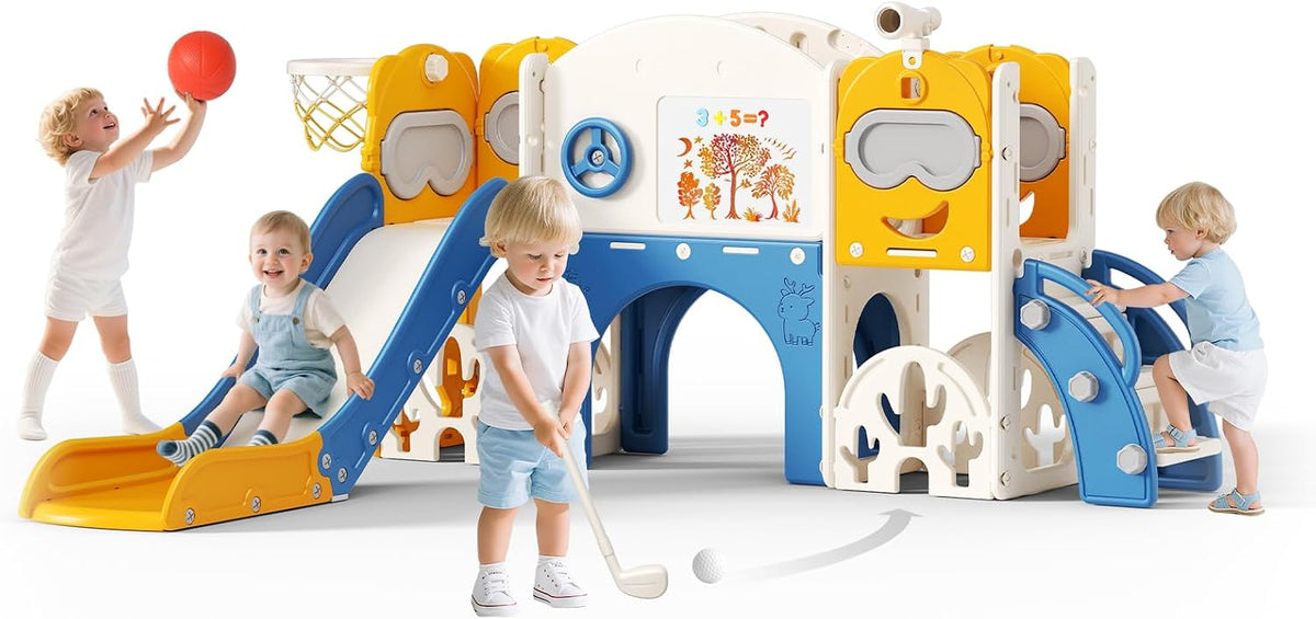 Toboganes independientes, 145 cm, Klesmiun, Tobogán infantil 11 en 1 con pizarra magnética, HDPE para interior y exterior