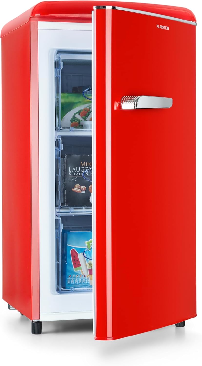 Klarstein Congeladores mini, 18 °C, 60 L, con cajones, rojo, Termostato con 5 niveles, Temperaturas de 0 a -18 °C, 3 cajones extraíbles