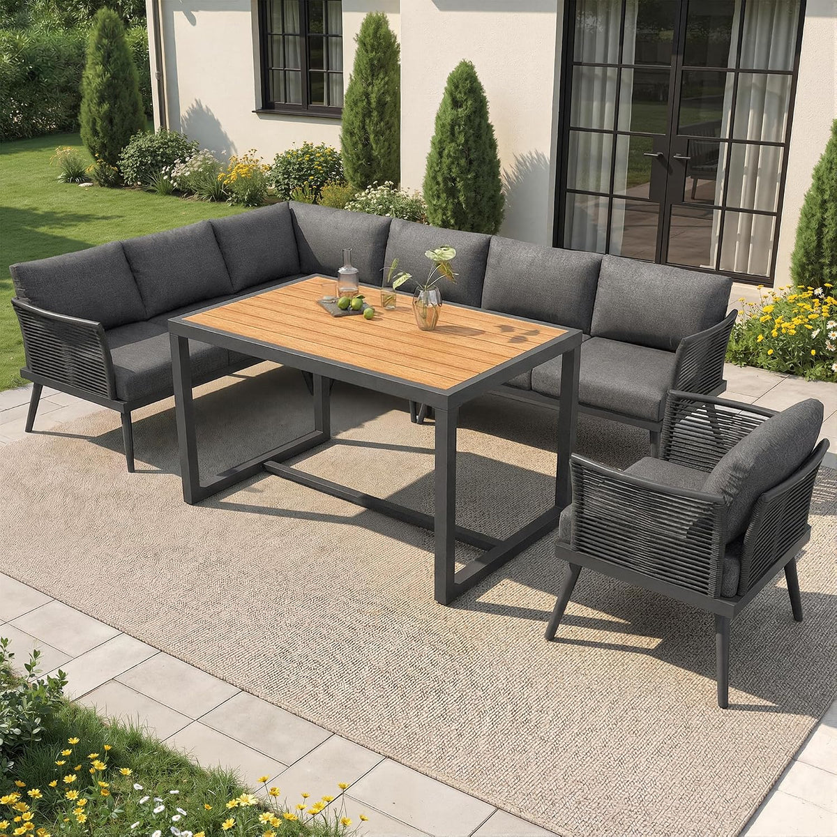 sofá, 181 × 65 × 79 cm, madera, para el jardín, BXEYXE, Juego de sofá de jardín en forma de L con reposabrazos trenzados, con cojines y cojines