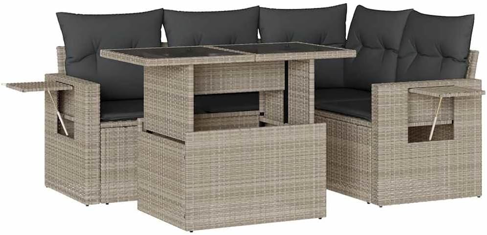 vidaXL sofá, gris, para el jardín, Set de s jardín y Cojines 5 pzas ratán