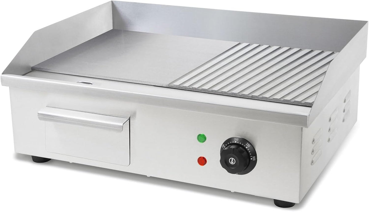 Planchas eléctricas, 55 × 35cm, 3000 W, 300°C, acero inoxidable, vertes, superficie de grill lisa y ranurada de 55 x 35cm