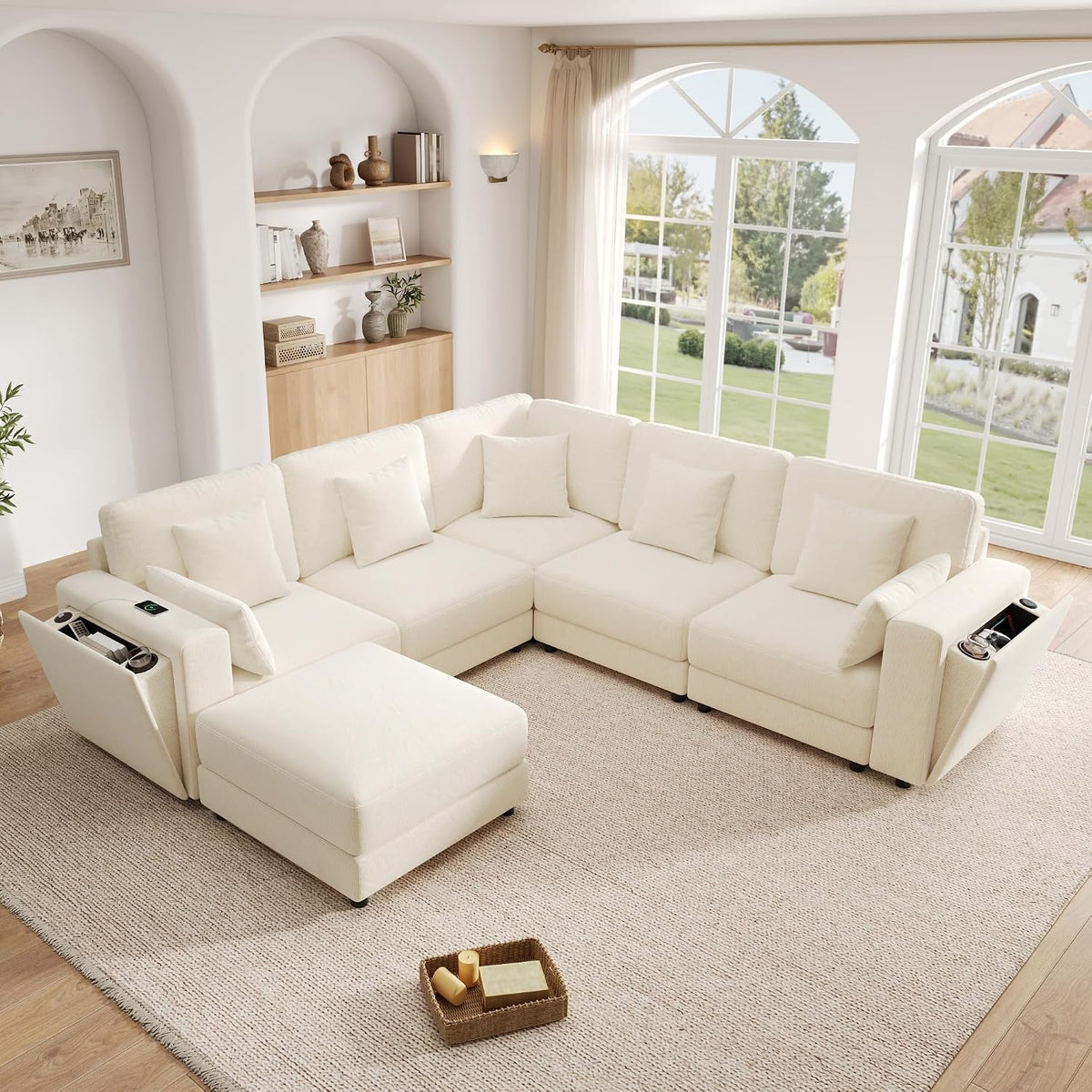 sofá, tela, beige, para la oficina, para el dormitorio, NuvlaGu, Sofá modular de 6 plazas, 7 cojines