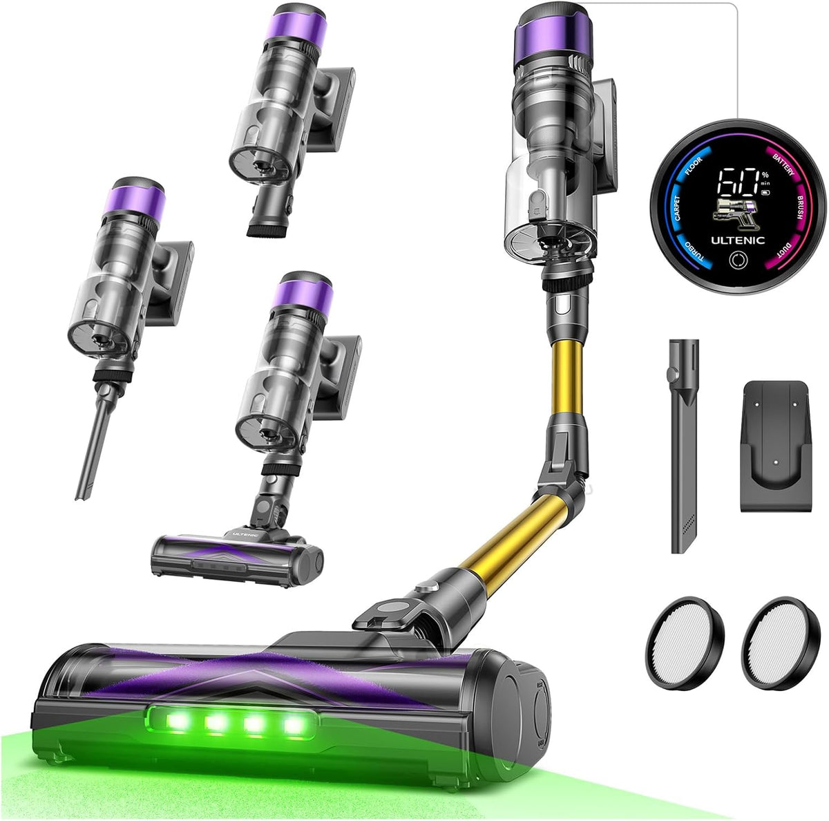 aspirador U20, 15cm, Ultenic, Ultenic U20 Aspiradora sin Cable 55Kpa/55Min, Aspirador Escoba con Brazo Flexible, para Alfombra/Pelo de Mascotas