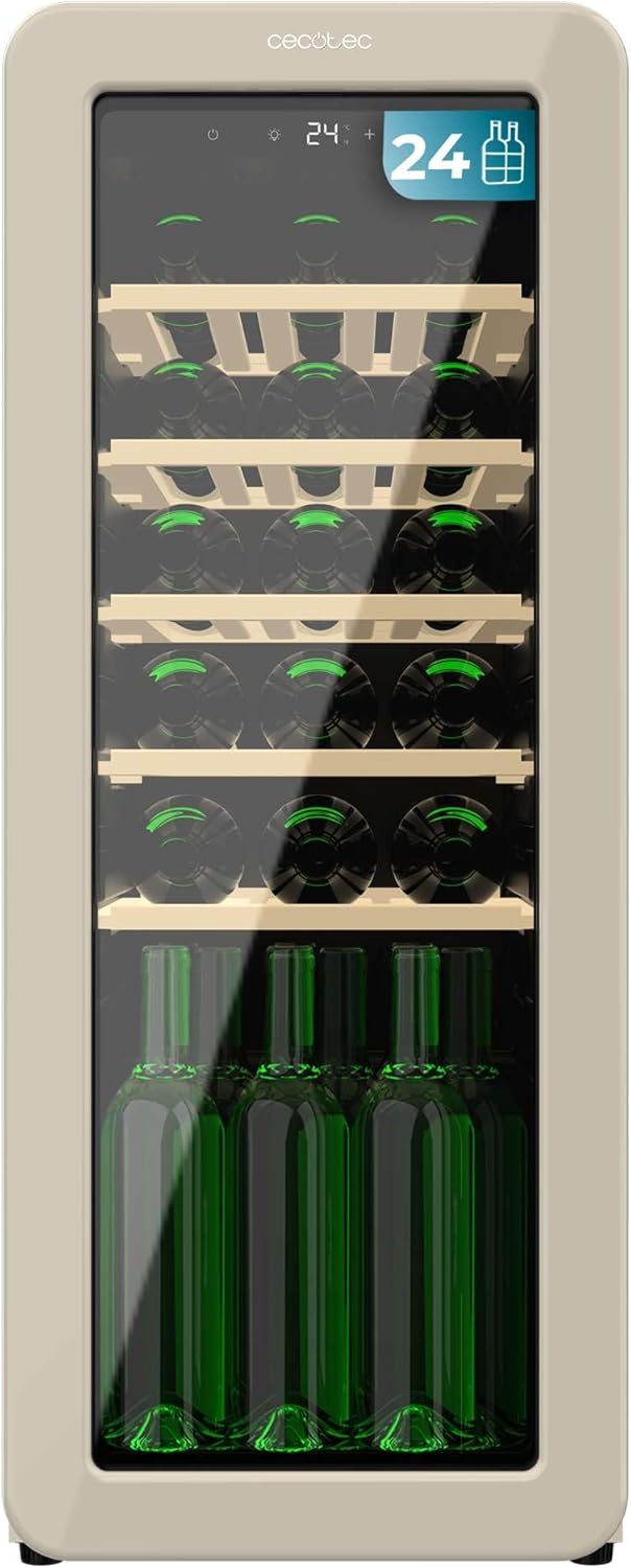 Bodegas de vino independientes, No Frost, con iluminación LED, con estantes, madera, beige, Cecotec