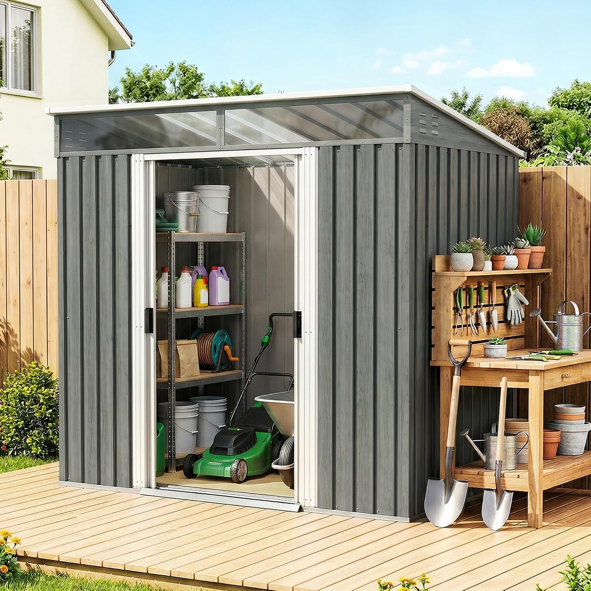Outsunny Cobertizos de almacenamiento, 195 × 122 × 181,5 cm, gris, para el jardín, 5 cm Gris Claro