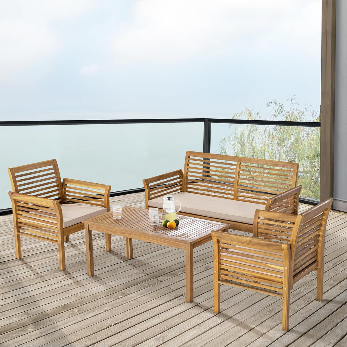 sofá, 46 × 100 × 50 cm, 4 unidades, madera, beige, para el jardín, para la terraza, casa.pro