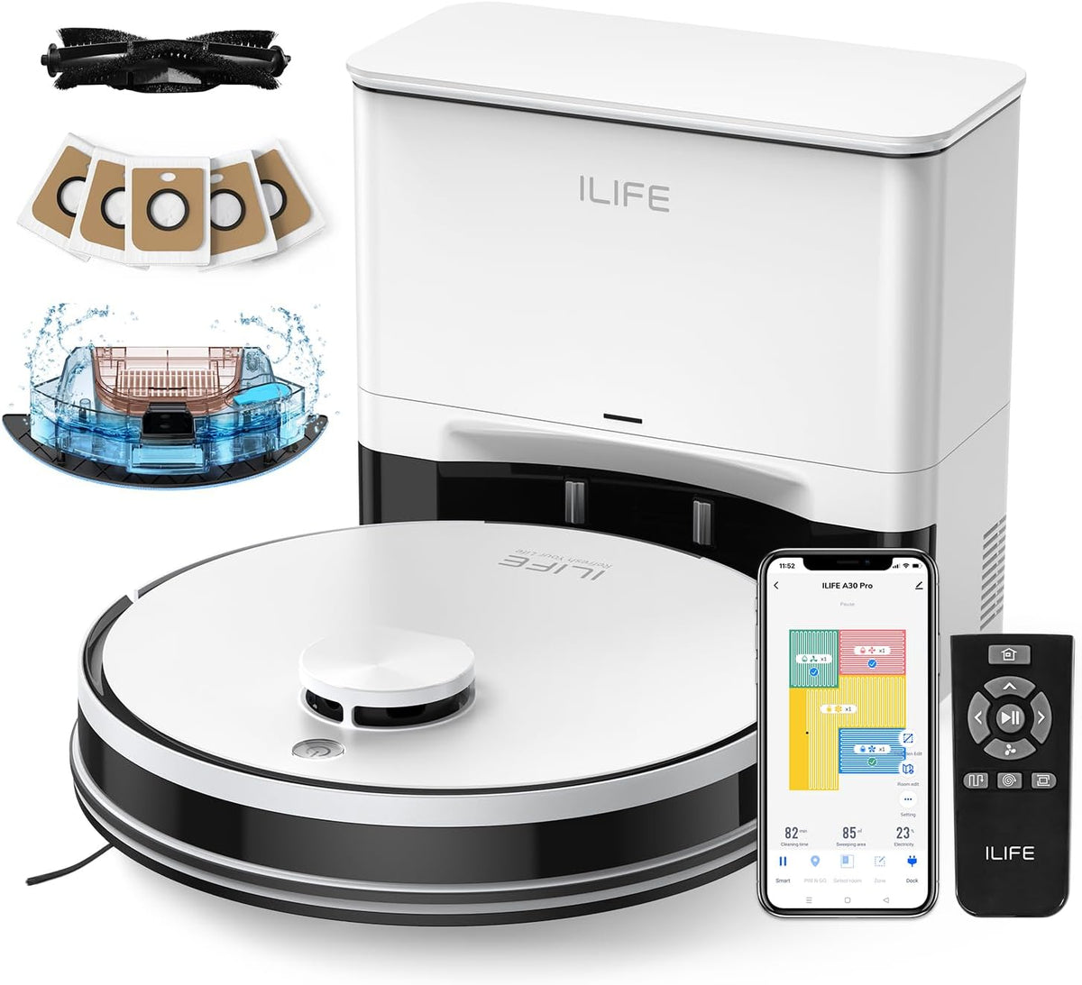 aspirador A30, con WiFi, iLife, Estación de Autovaciado para 60 Días, Succión 5000Pa, WiFi 2.4G/App